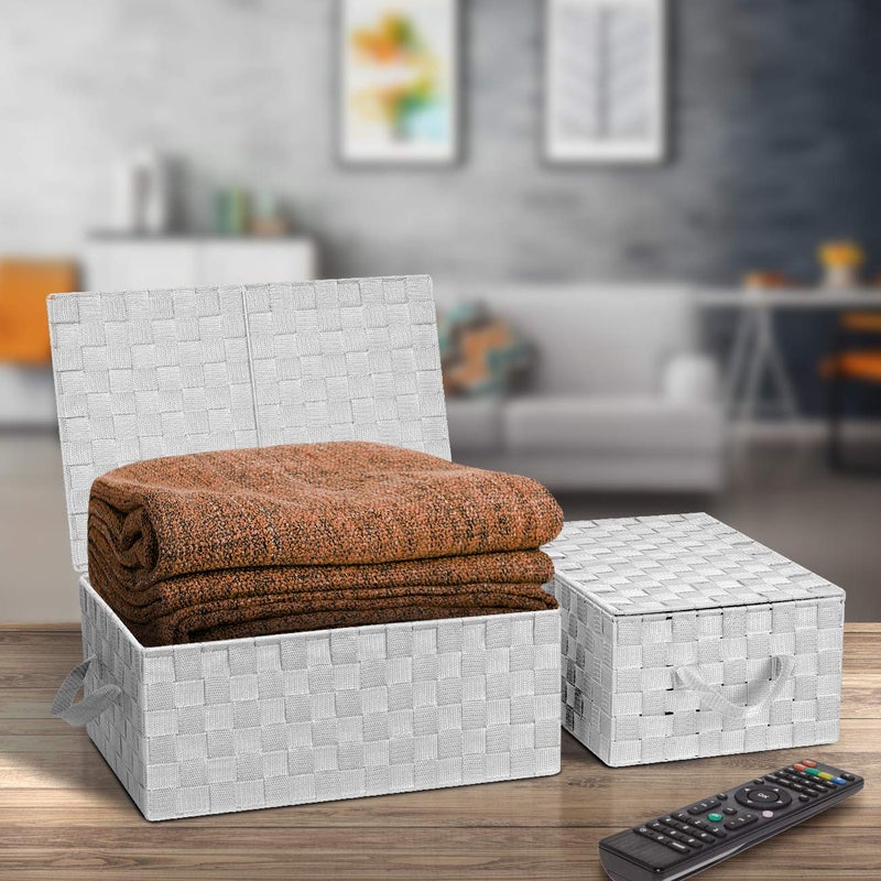 Sorbus Set of 3 Storage Baskets for Organizing with Lid, Mesh Hand-Woven Design, Linen Closet Organizers and Storage, Organizer Storage Baskets for Shelves, Variety Pack Organizers and Storage (White) - Image 2